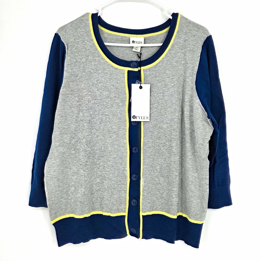 Stylus Womens XL Gray Navy Yellow Colorblock Button Front Cardigan Sweater